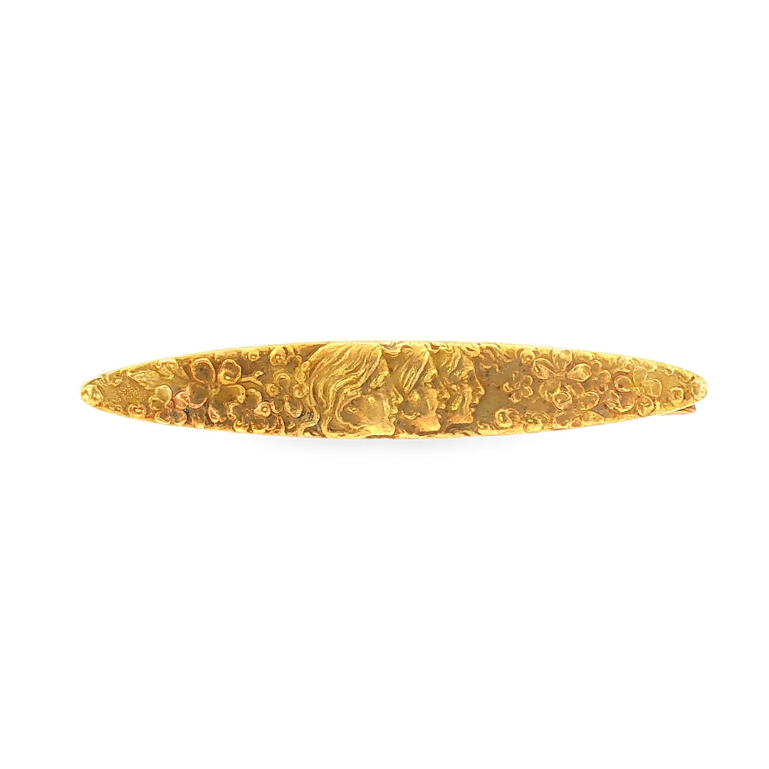 Estate Art Nouveau 14kt yellow gold Krementz "Three Graces" bar brooch