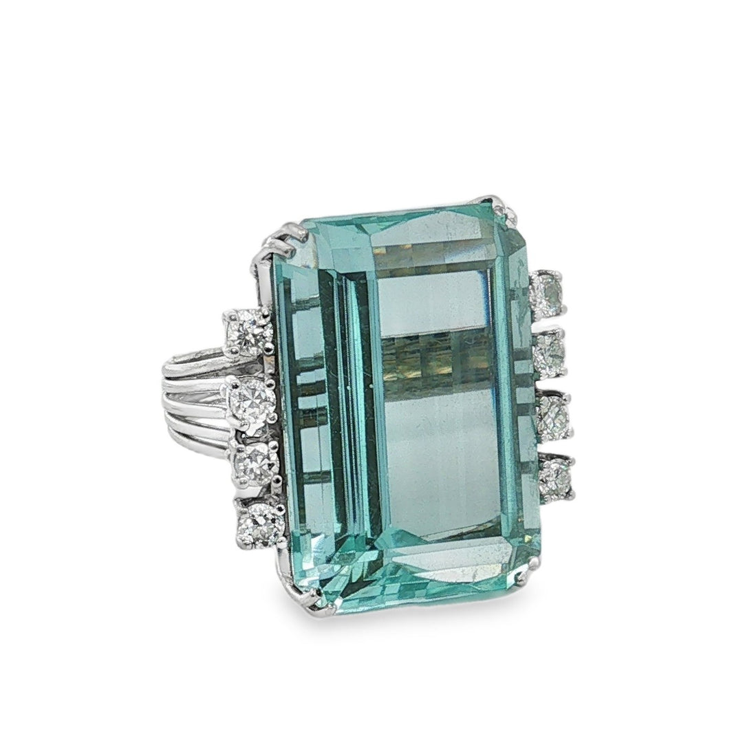 Estate 14kt white gold aquamarine and diamond cocktail ring.
