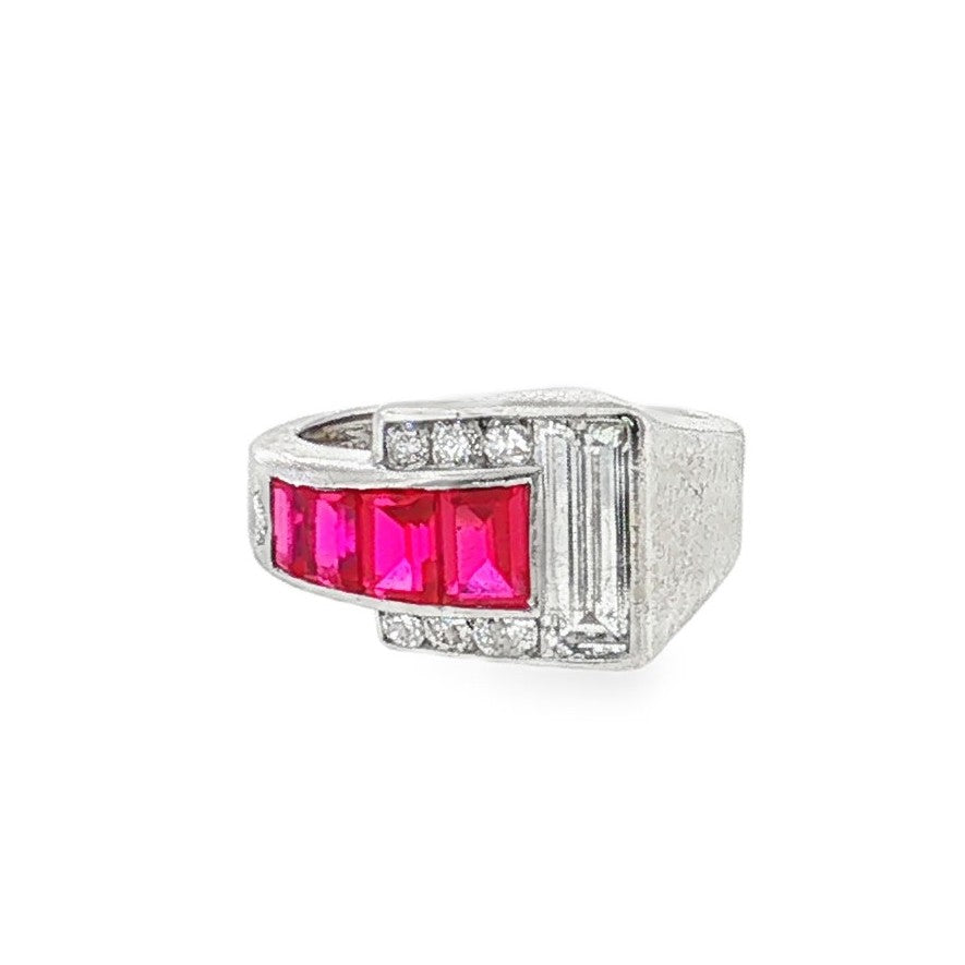 Estate Retro platinum diamond and synthetic ruby ring