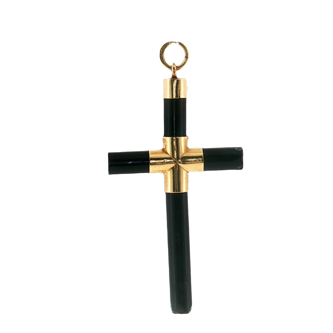 Estate Victorian 14kt yellow gold Czarist Russian black coral cross pendant