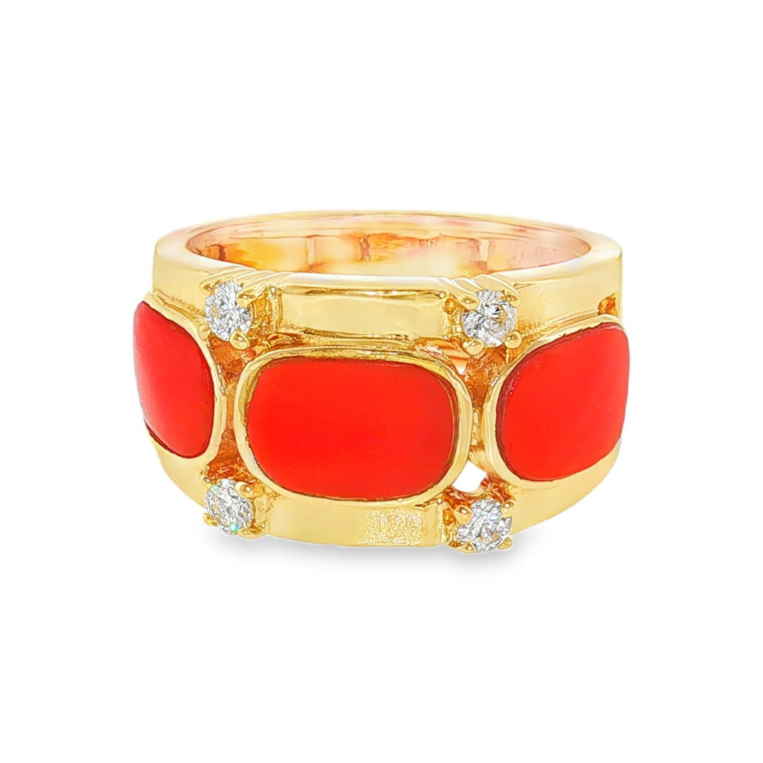 14kt yellow gold coral and diamond wide band ring