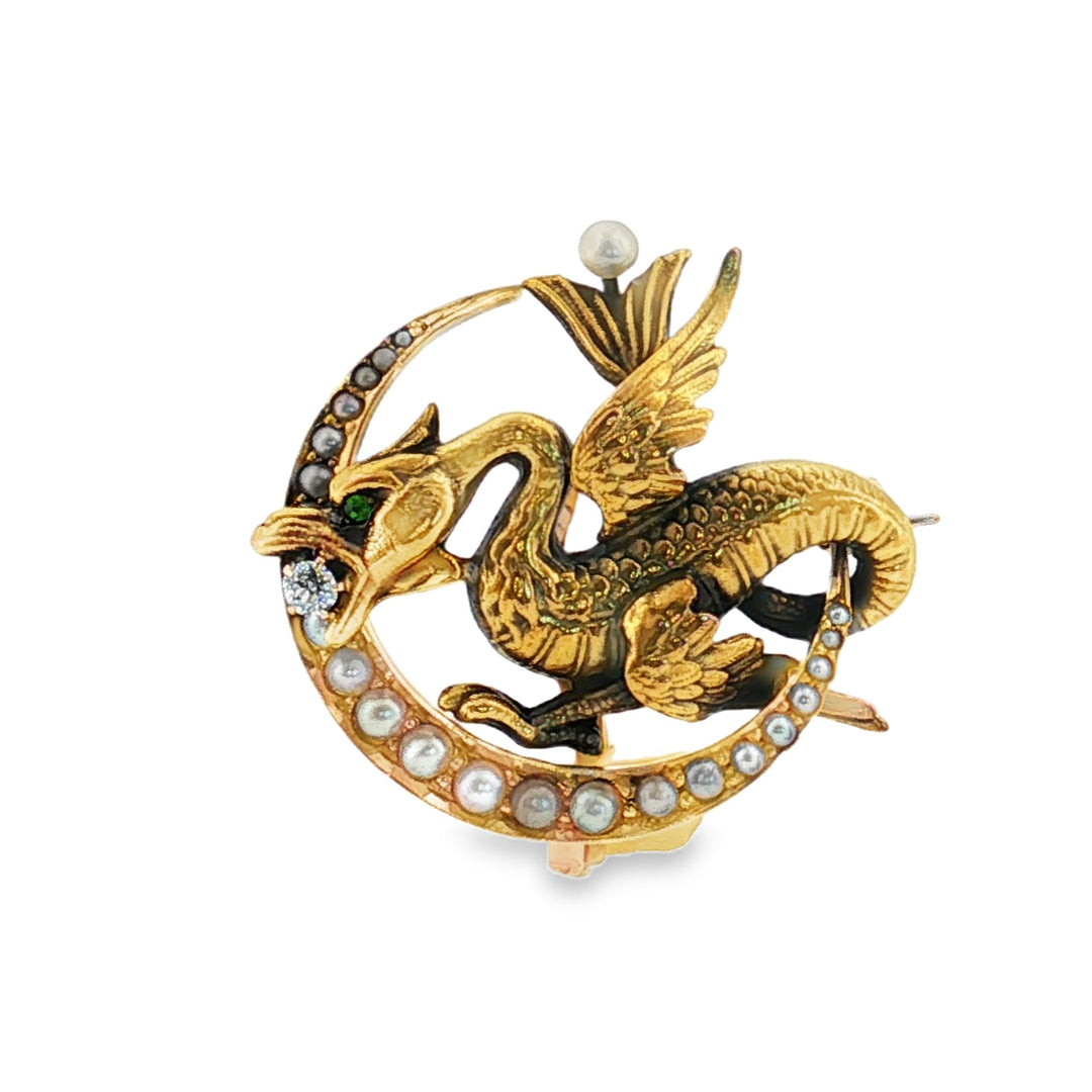 Estate Victorian 14kt yellow gold demantoid garnet, diamond and seed pearl dragon watch holder brooch