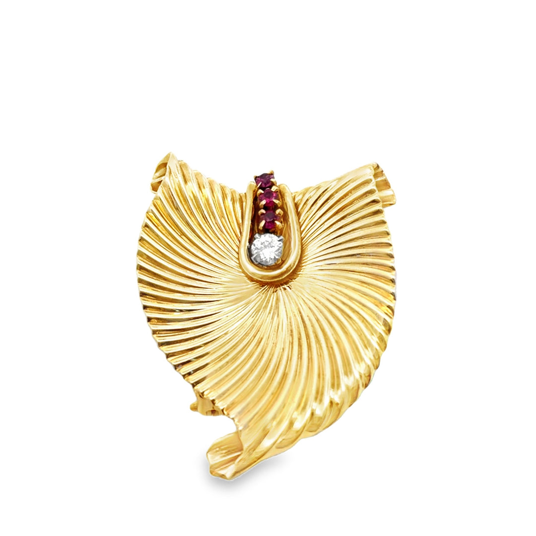 Estate Mid-Centory 14kt yellow gold ruby and diamond clip brooch