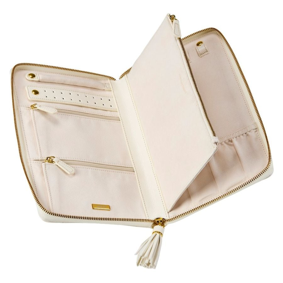 WOLF "Lauren" ivory leather zippered jewelry portfolio