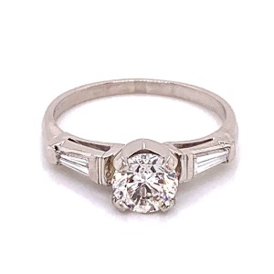 Estate Platinum Round And Tapered  Baguette Diamond Engagement Ring