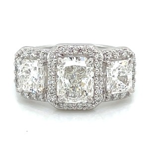 14kt White Gold Radiant And Round Diamonds Three-stone Halo Engagement Ring