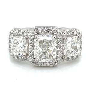 14kt White Gold Radiant And Round Diamonds Three-stone Halo Engagement Ring