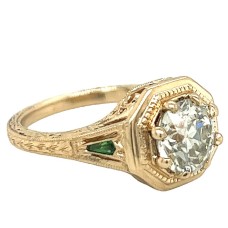 14kt Yellow Gold Old European Cut Diamond Engagement Ring With Tsavorite Garnet Accents