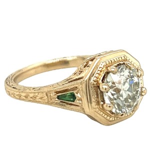 14kt Yellow Gold Old European Cut Diamond Engagement Ring With Tsavorite Garnet Accents