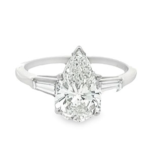 Estate Platinum Pear Shape And Tapered Baguette Diamond Engagement Ring