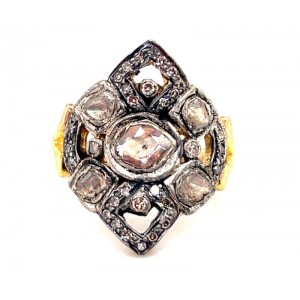 Estate 18kt With Silver Top Rose Cut Diamond Ring In Victorian Revival Style