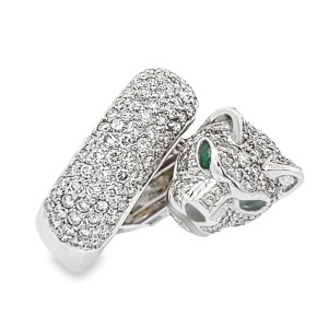 Estate 18kt White Gold Diamond, Emerald, And Onyx Panther Ring