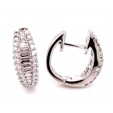 18kt White Gold Round And Baguette Diamond "huggie" Hoop Earrings