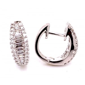 18kt White Gold Round And Baguette Diamond "huggie" Hoop Earrings