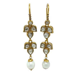 Estate 18kt Yellow Gold Diamond Slice And Pearl Drop Earrings