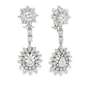 Estate 14kt White Gold Pear And Round Diamond Dangle Earrings