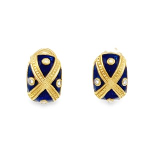 Estate 18kt Yellow Gold Blue Enamel And Diamond Button Earrings