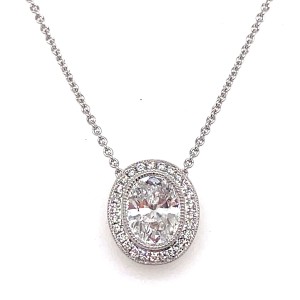 14kt White Gold Oval Diamond Halo Pendant Necklace