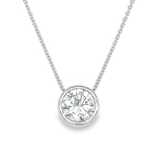 14kt White Gold Bezel-set Round Diamond Pendant Necklace.  