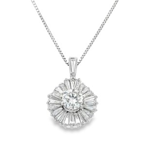 Estate 14kt White Gold Round And Baguette Diamond Pendant Necklace