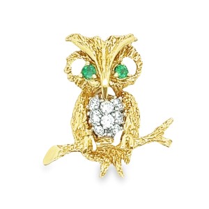 Estate Herbert Rosenthal 18kt Yellow Gold Diamond And Emerald Owl Brooch