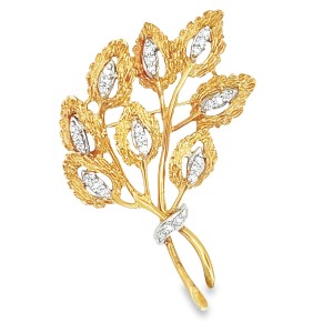 Estate 14kt Yellow Gold Diamond Leaf Bouquet Brooch