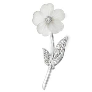 Estate 14kt White Gold Rock Crystal And Diamond Flower Pin