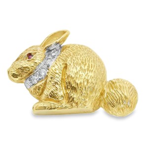Estate 14kt Yellow Gold Ruby And Diamond Accented Rabbit Pin