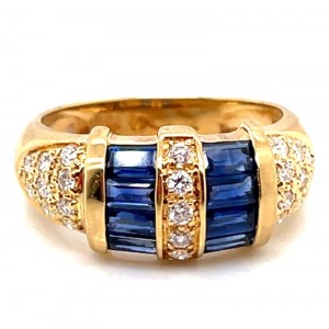 Estate 18kt Yellow Gold Baguette Sapphire And Diamond Domed Ring