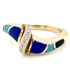 Estate 14kt Yellow Gold Onyx, Opal, And Lapis Inlay Diamond Ring