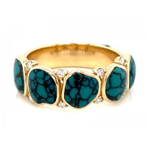 Kabana 14kt Yellow Gold Spiderweb Turquoise And Diamond Band Ring