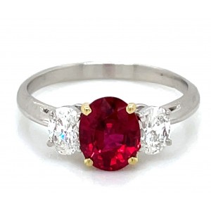 Estate Platinum And 18kt Yellow Gold Ruby And Diamond Three Stone Ring