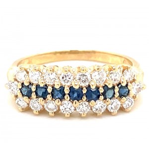 Estate 14kt Yellow Gold Three Row Diamond And Sapphire Band Ring