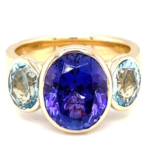 14kt Yellow Gold Tanzanite And Aquamarine Three-stone Ring