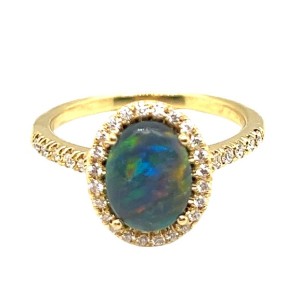 Estate 18kt Yellow Gold Black Opal And Diamond Ring