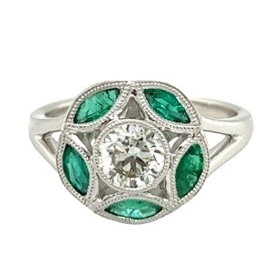 18kt White Gold Emerald And Diamond Circle-top Ring