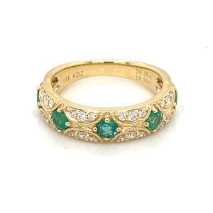 18kt Yellow Gold Round Diamonds And Emeralds Patterned Band Ring