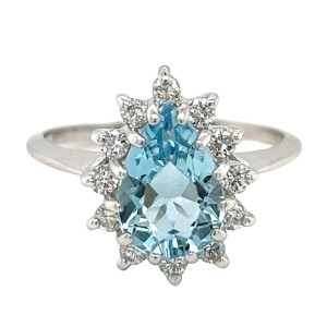 Estate 14kt White Gold Pear Shaped Aquamarine And Diamond Halo Ring