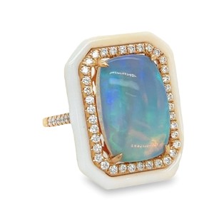 14kt Rose Gold Opal, Diamond And White Onyx Ring