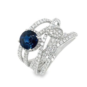 14kt White Gold Sapphire And Diamond Cross-over Band Ring