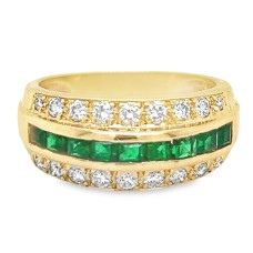 Estate 14kt Yellow Gold Emerald And Diamond Three-row Band Ring