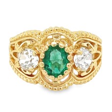 Estate 14kt Yellow Gold Emerald And Diamond Filigree Band Ring