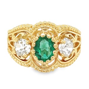 Estate 14kt Yellow Gold Emerald And Diamond Filigree Band Ring