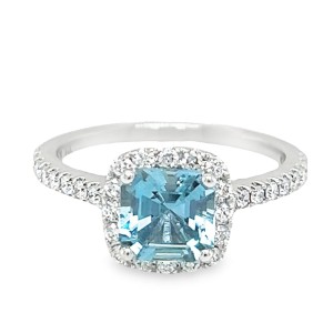 14kt White Gold Aquamarine And Diamond Halo Ring