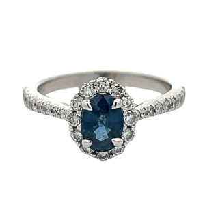 Estate 14kt White Gold Oval Sapphire And Diamond Halo Ring