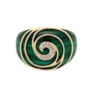 Estate 14kt Yellow Gold Carved Malachite And Diamond Ring