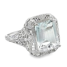 Estate 14kt White Gold Aquamarine Filigree Ring