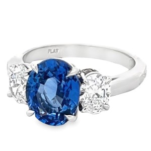 Platinum Three-stone Oval Ceylon Sapphire And Diamonds Ring