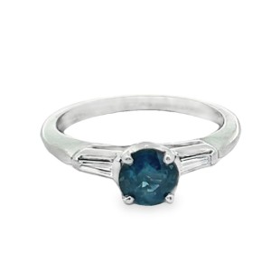 Estate Platinum Blue Sapphire And Baguette Diamond Ring