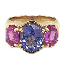 14kt Yellow Gold Oval Purple And Pink Sapphires Three-stone Ring